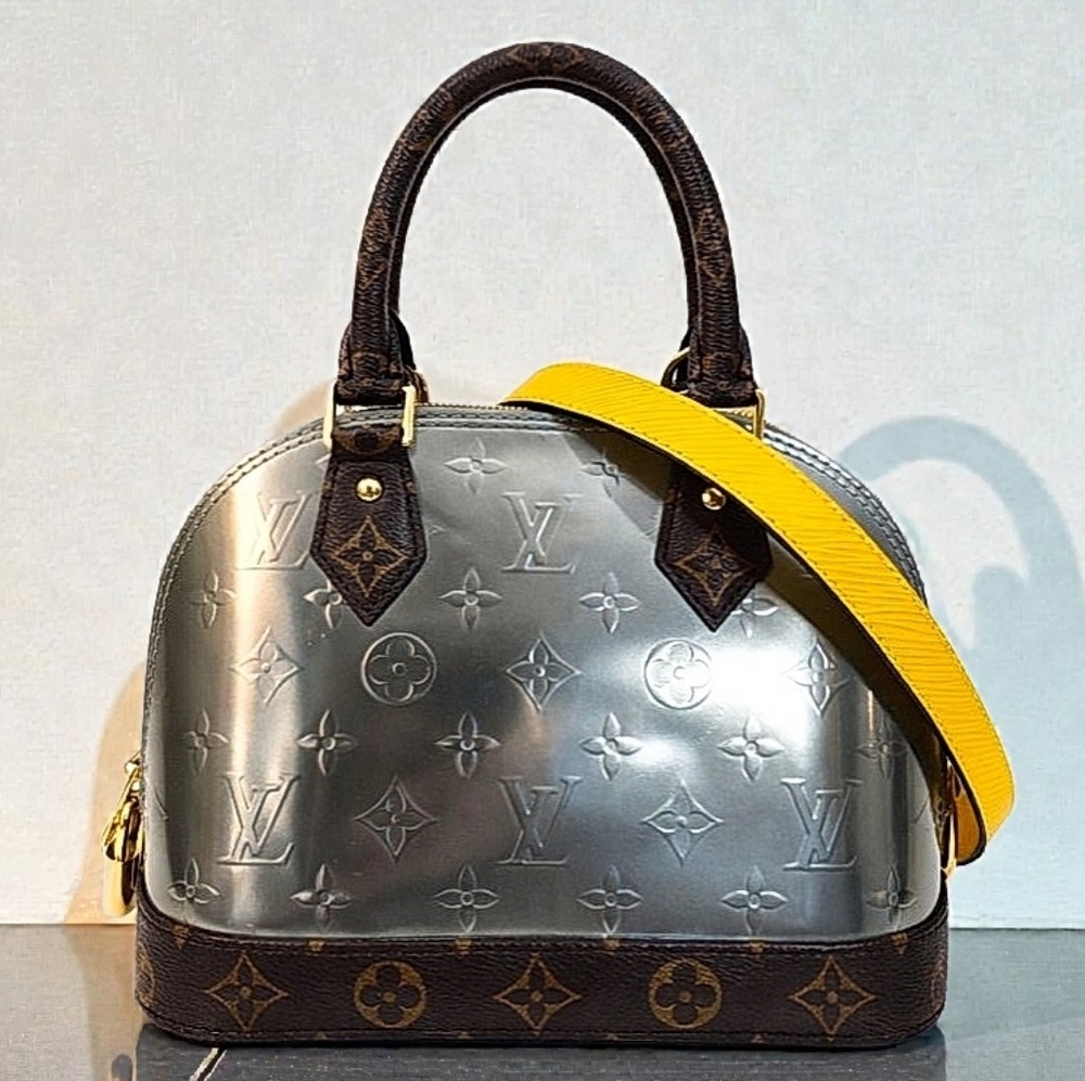 Louis Vuitton Alma BB Monogram Vernis Silver Embossed Yellow Crossbody Bag - Picture 13 of 16
